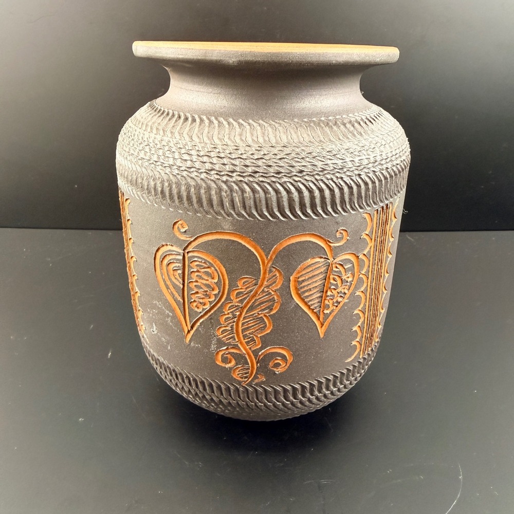 Vintage German Sgraffito Studio Pottery Jar Handarbeit Black Terracotta